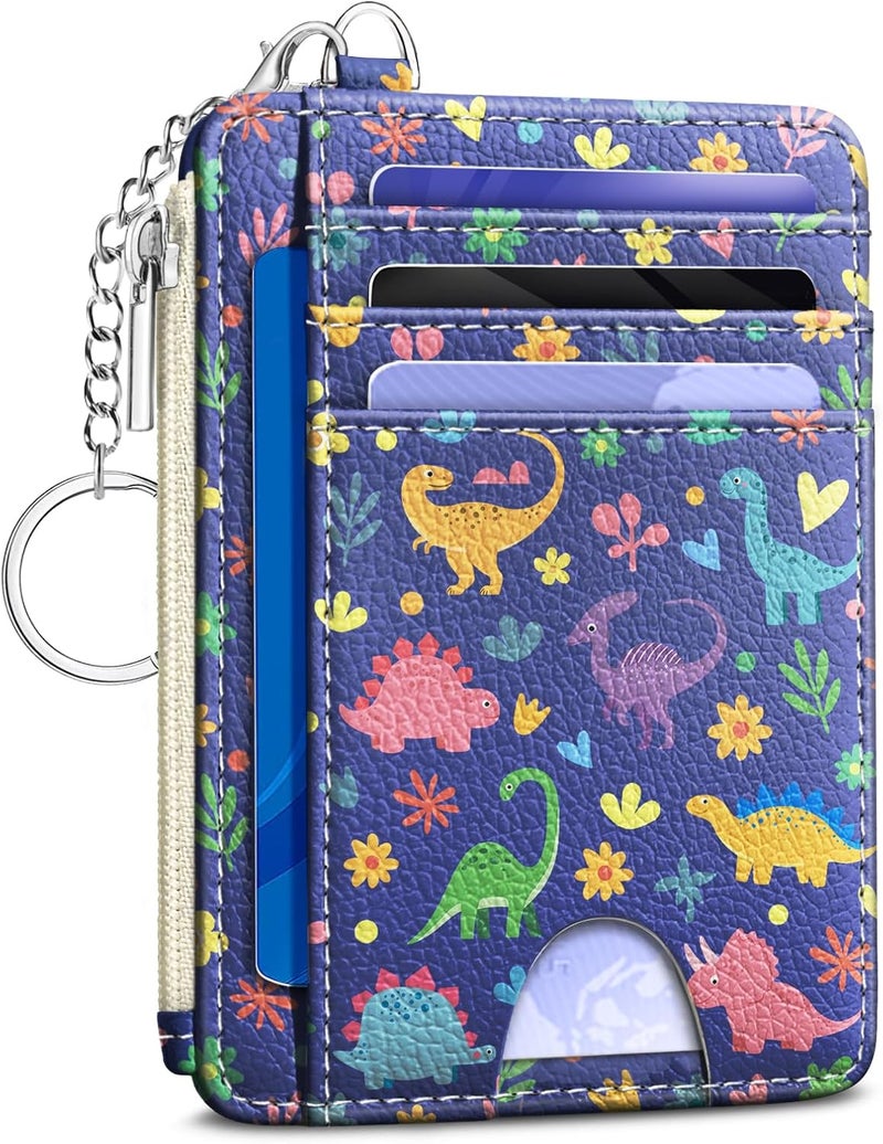 Kelvoris Cute Dinosaur Credit Card Holder Small Wallet Women, Flowers Slim RFID Blocking Wallet Woman Keychain with Zipper Coin Pocket, Front Pocket Thin Travel Card Case with ID Window Ladies Gifts - Image 1